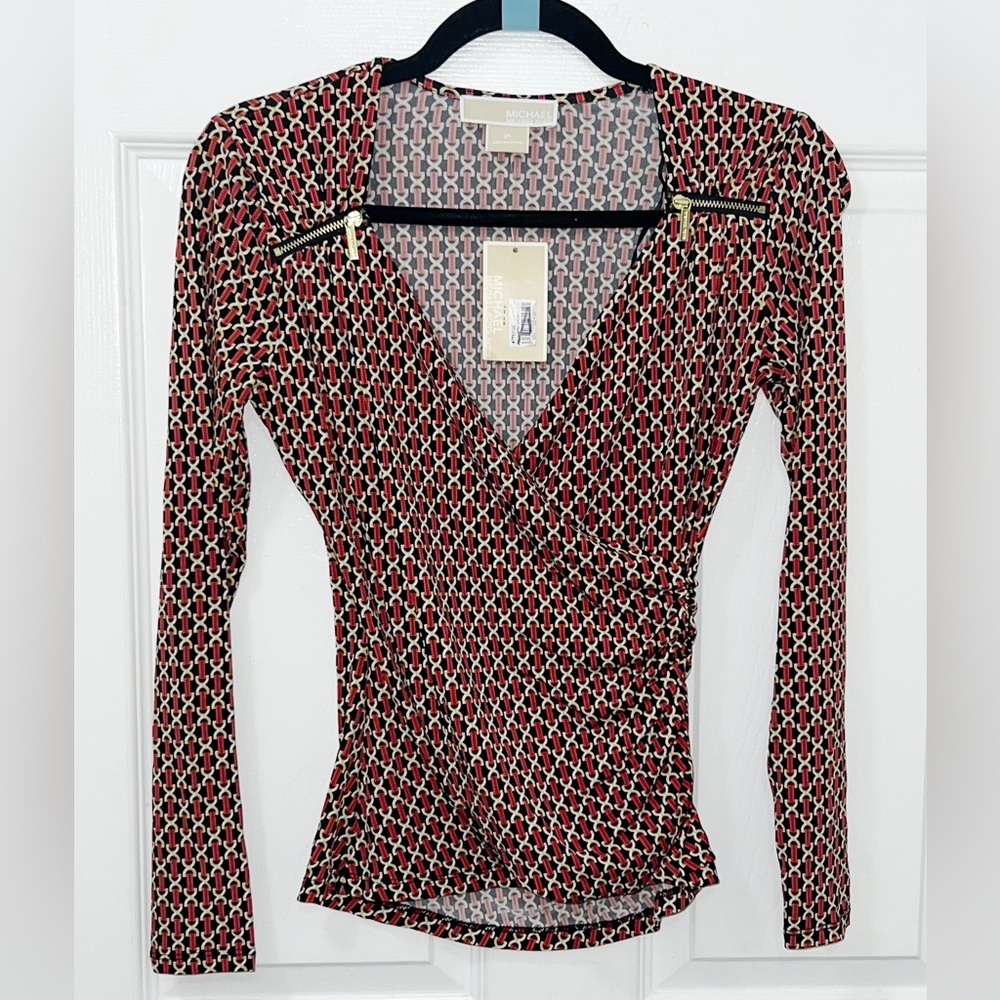 New Michael Kors | Women's blouse V- Neck Red Gold Chain Zipper Detail